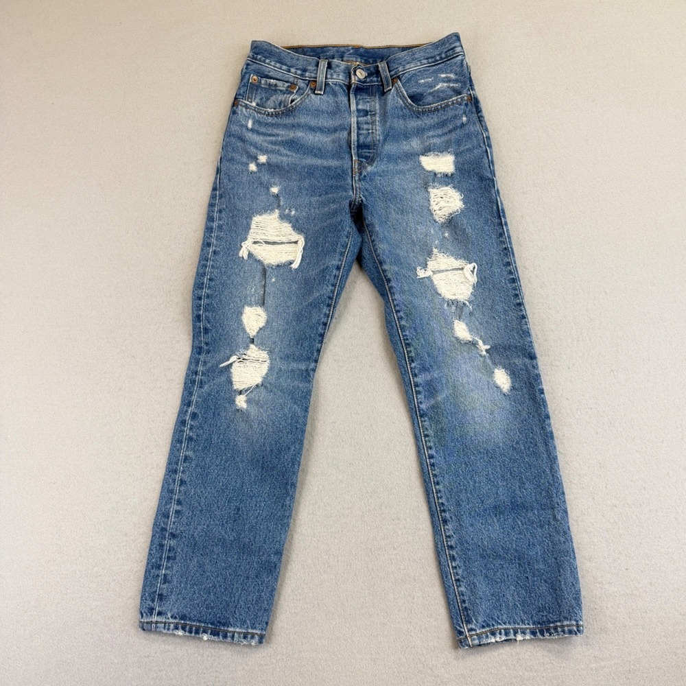 Levis 501 Crop Jeans Women 26x26 Blue Distressed Denim High Rise Button Fly